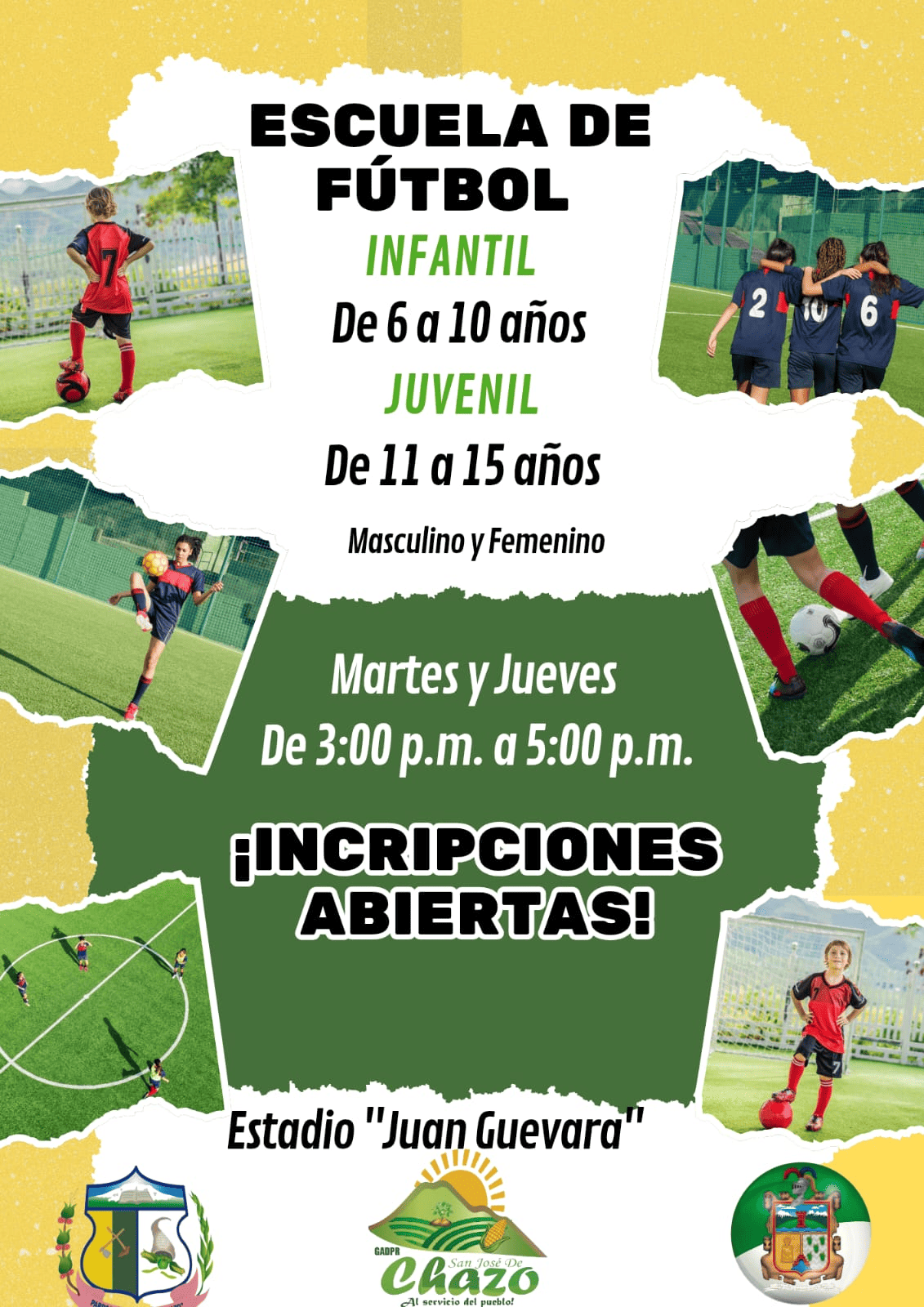 🎉 ¡La Escuela de Fútbol de nuestra parroquia te da la bienvenida! 🎉 Invitamos a todos los niños y jóvenes a ser parte de esta gran experiencia donde entrenarás con compromiso, disciplina y espíritu de equipo.  📍 Lugar: Estadio &quot;Juan Guevara&quot; 🕘 Horario: 3:00 pm a 5:00 pm 👦👧 Edades: 6 a 15 años   ✅ ¡Inscripciones abiertas! ¡No te quedes fuera! Forma parte de nuestra familia deportiva y vive la pasión del fútbol. ⚽🔥